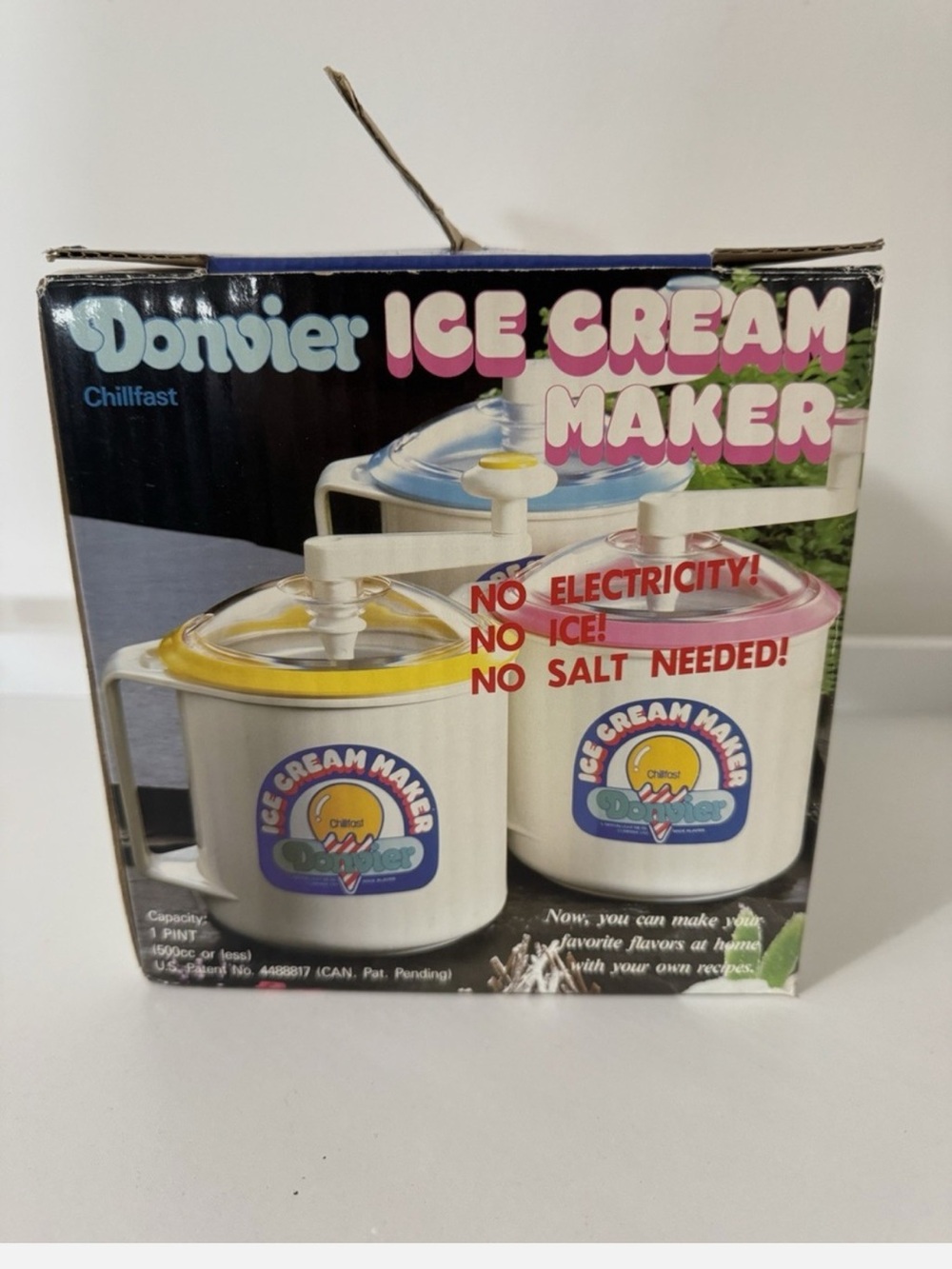 Vintage Donvier Chillfast Ice Cream Maker 1 Pint Manual Crank Yellow - Open Box